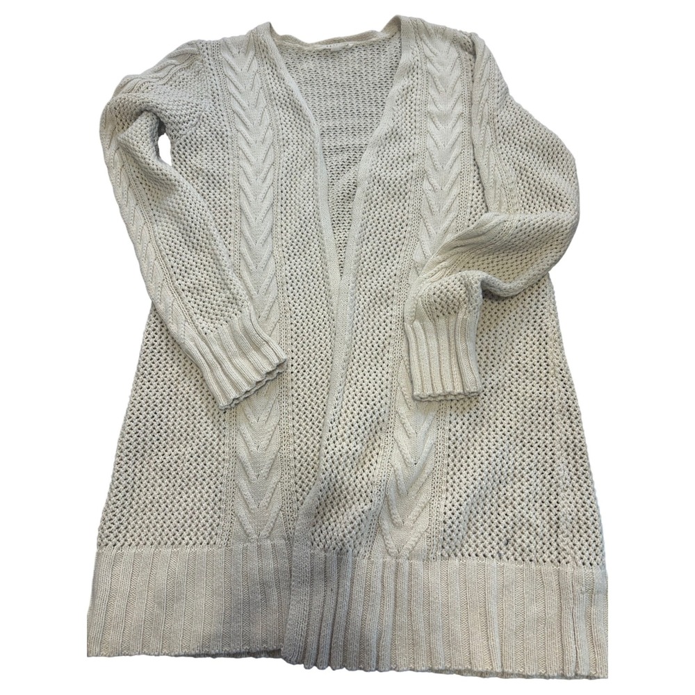 Womens Cable Knit Cardigan Open Front Long Sleeve Beige Sweater